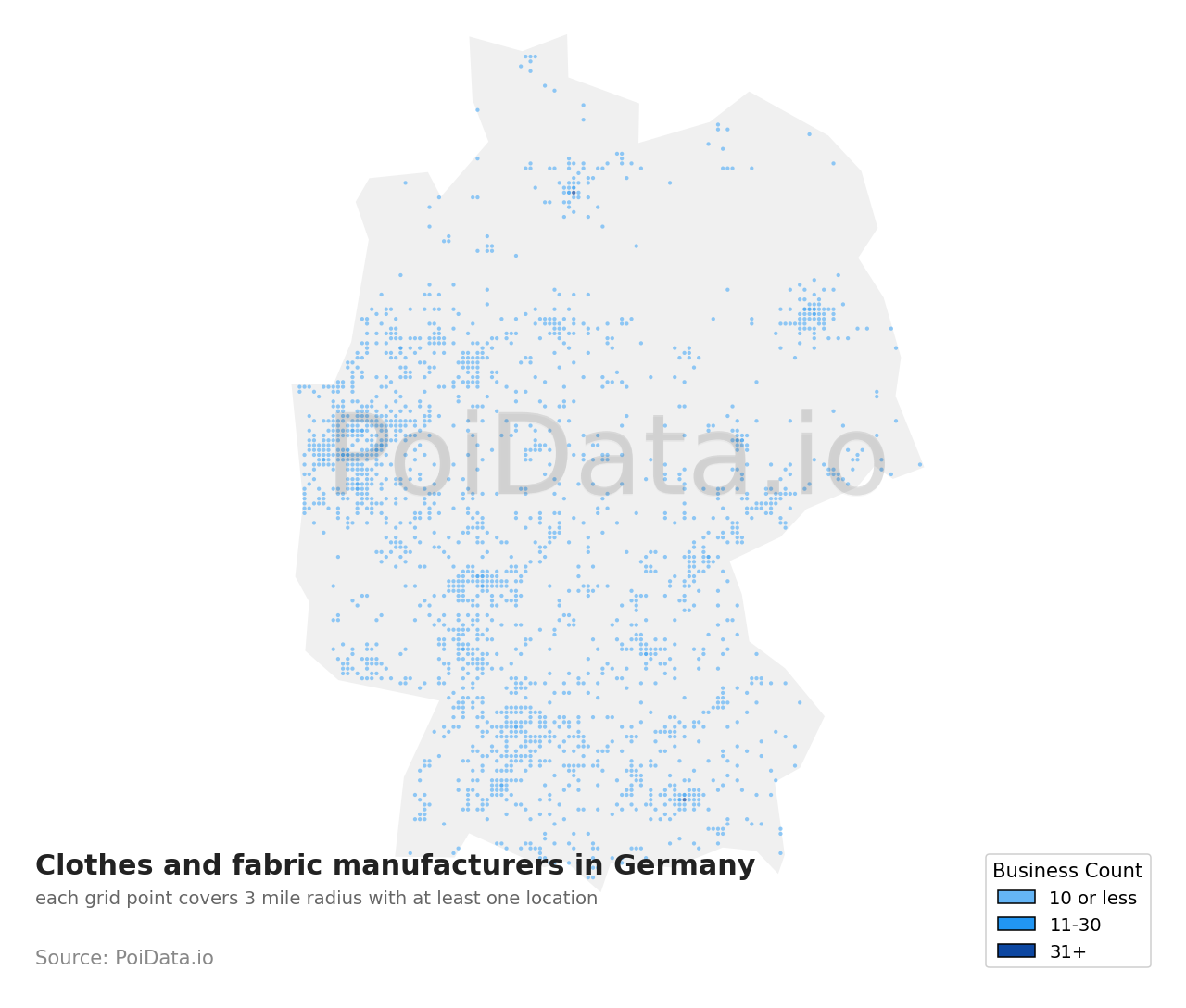 Clothes and fabric manufacturer density map for Germany