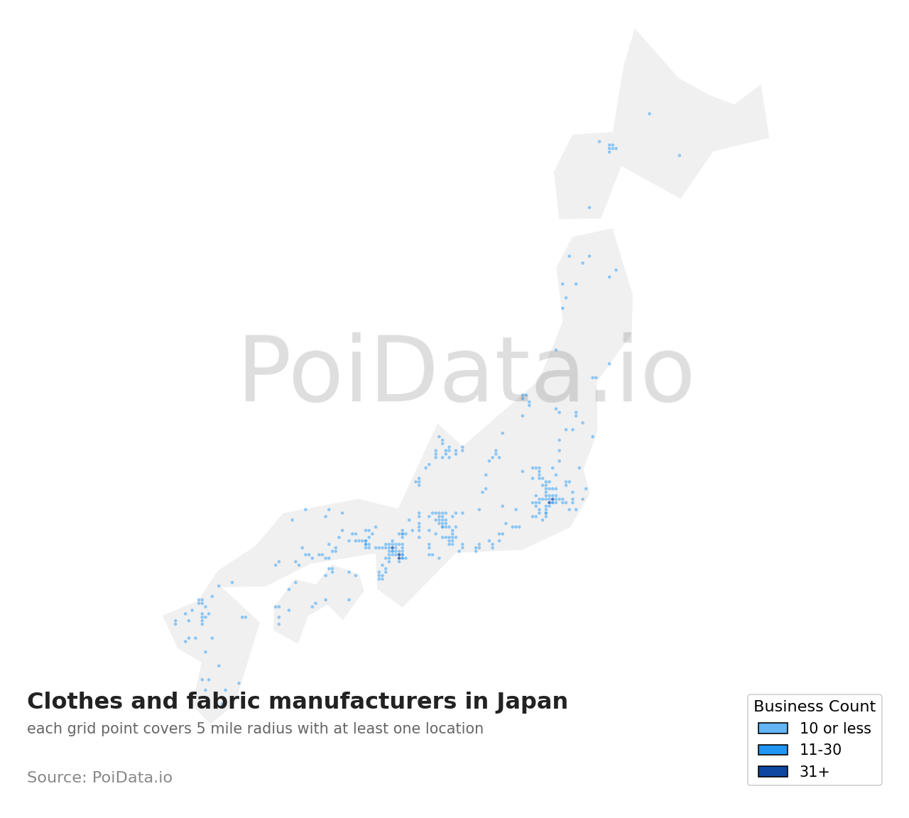 Clothes and fabric manufacturer density map for Japan