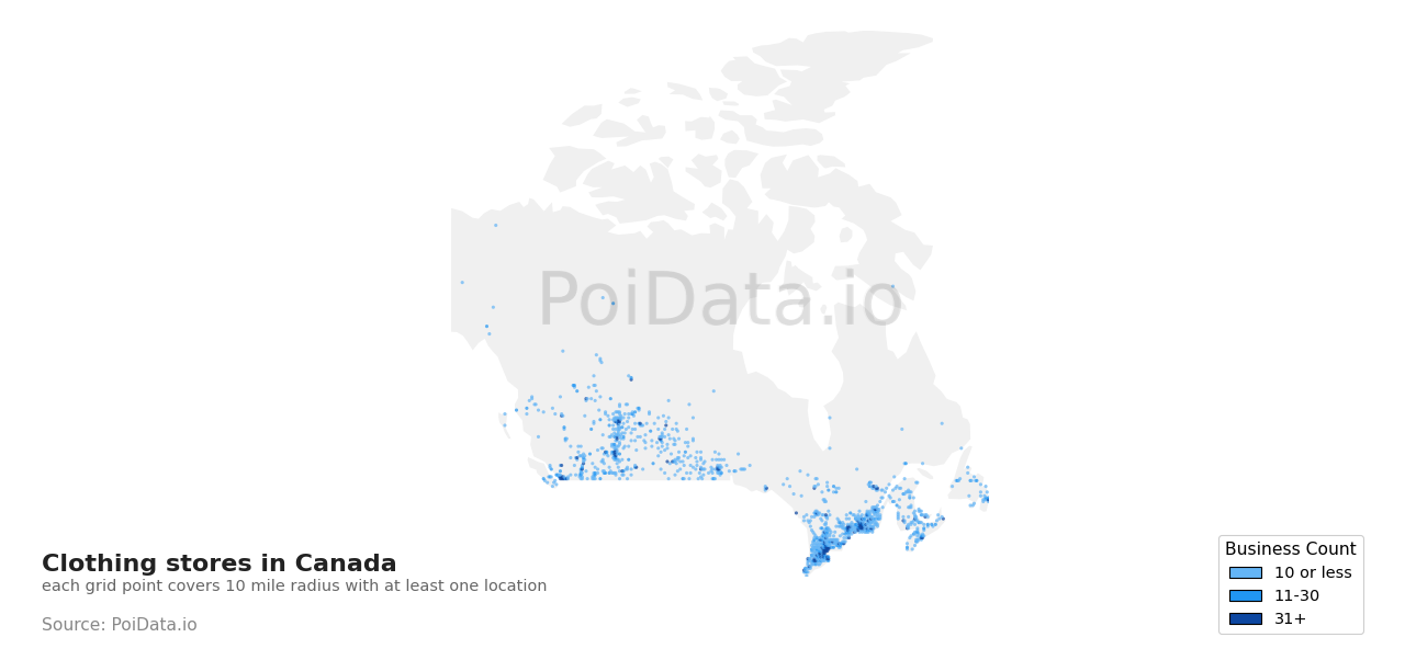 Clothing store density map for Canada