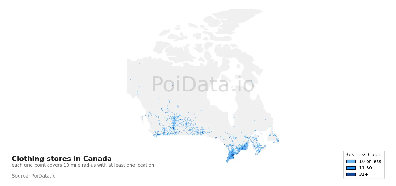 Clothing store density map for Canada