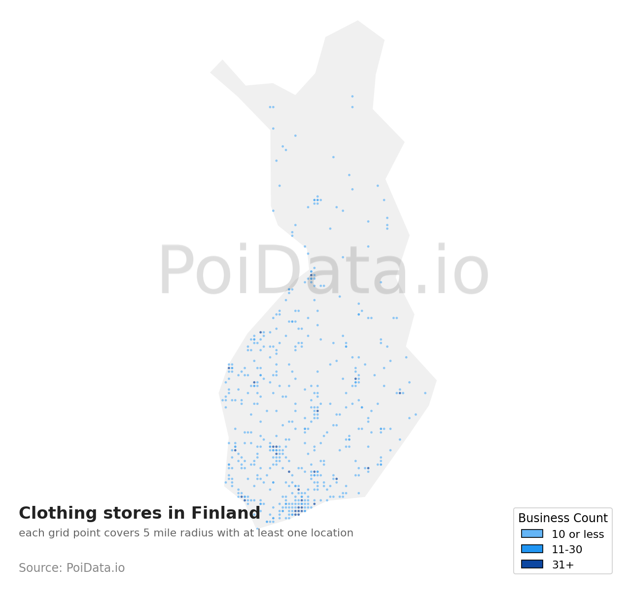 Clothing store density map for Finland