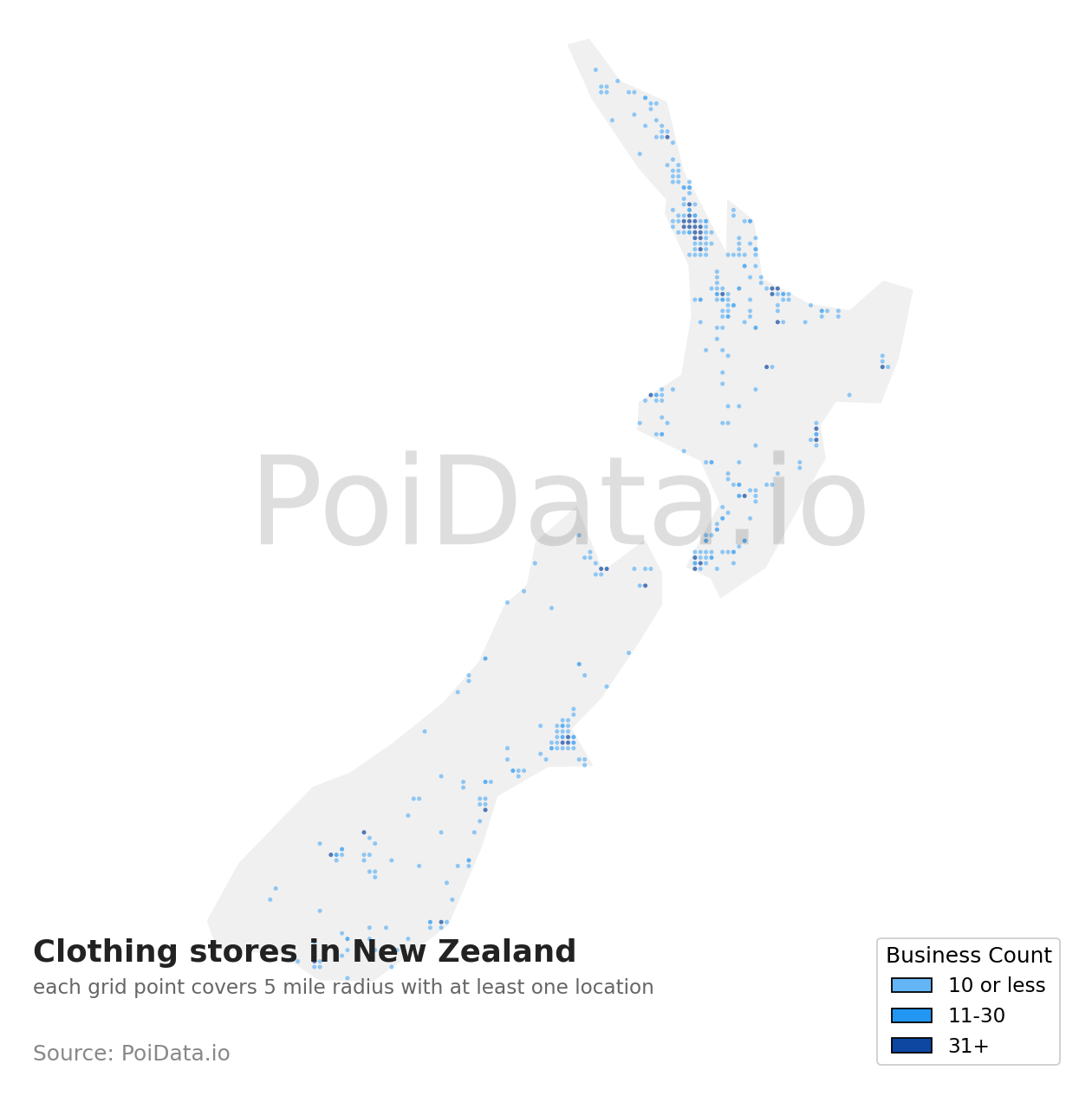 Clothing store density map for New Zealand
