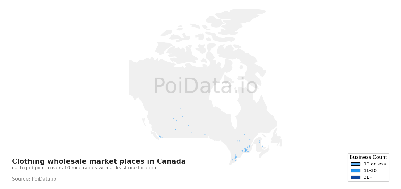 Clothing wholesale market place density map for Canada