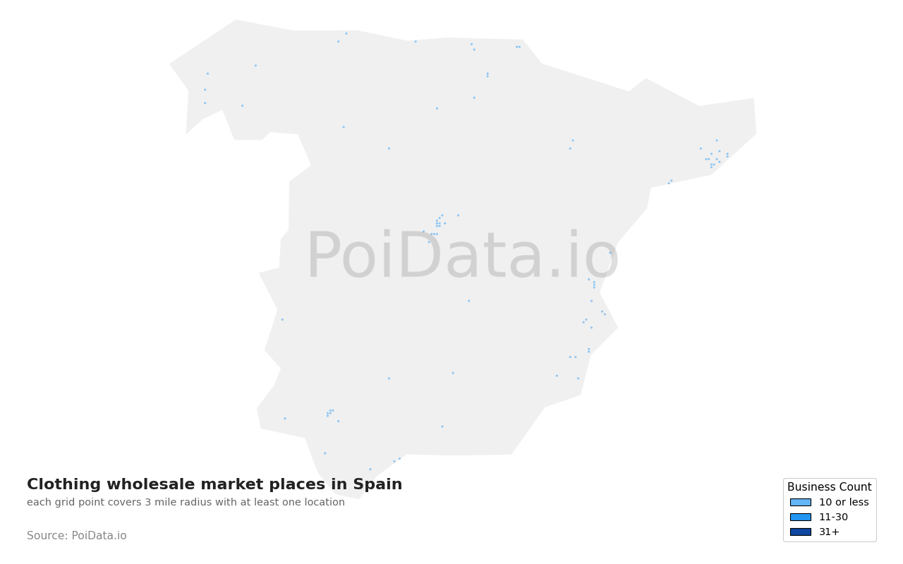 Clothing wholesale market place density map for Spain