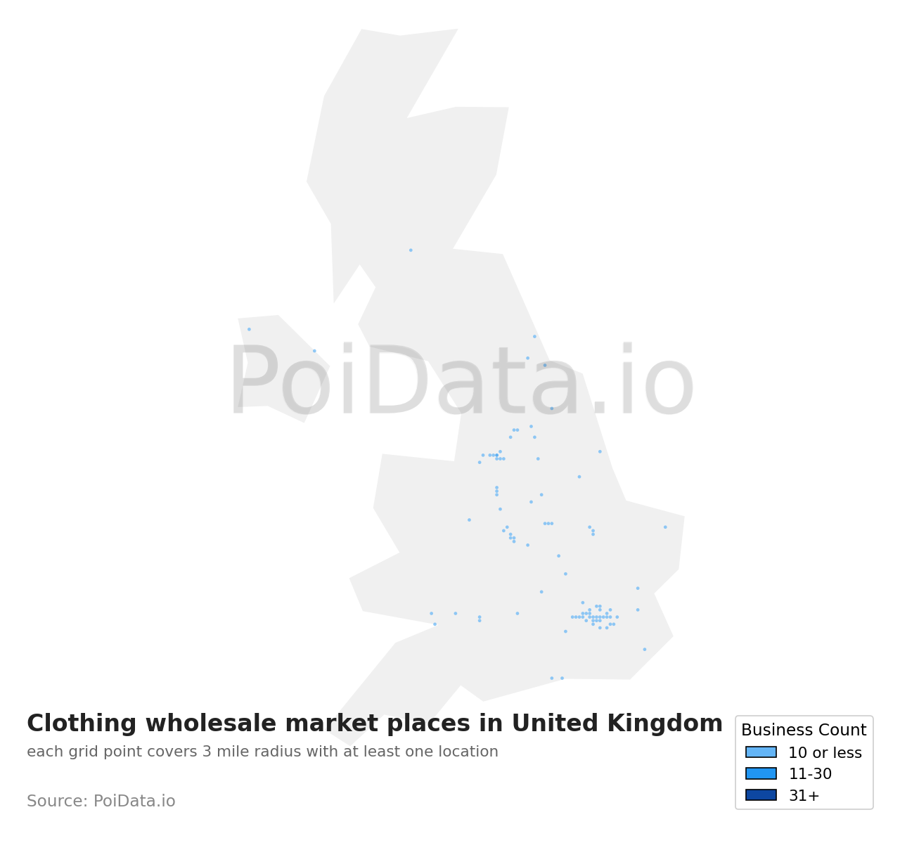 Clothing wholesale market place density map for United Kingdom