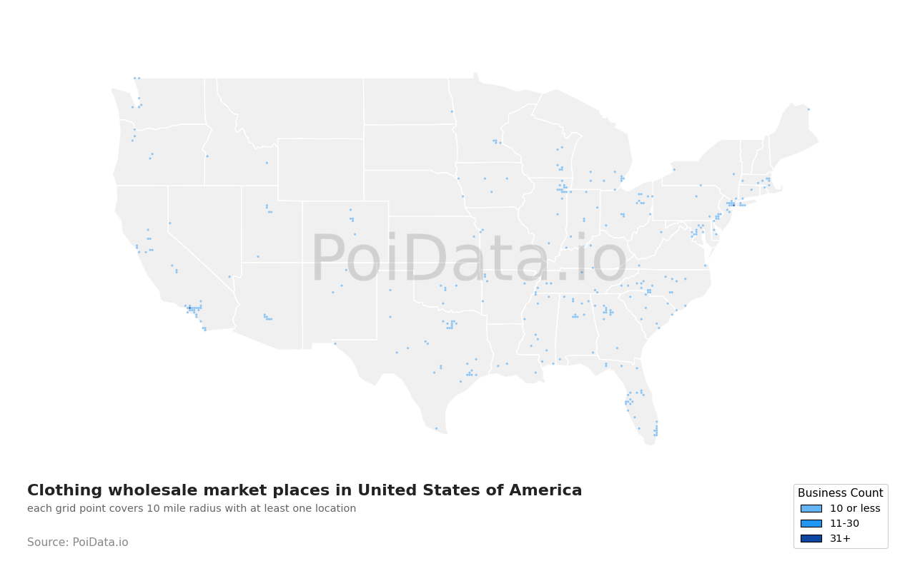 Clothing wholesale market place density map for California, United States