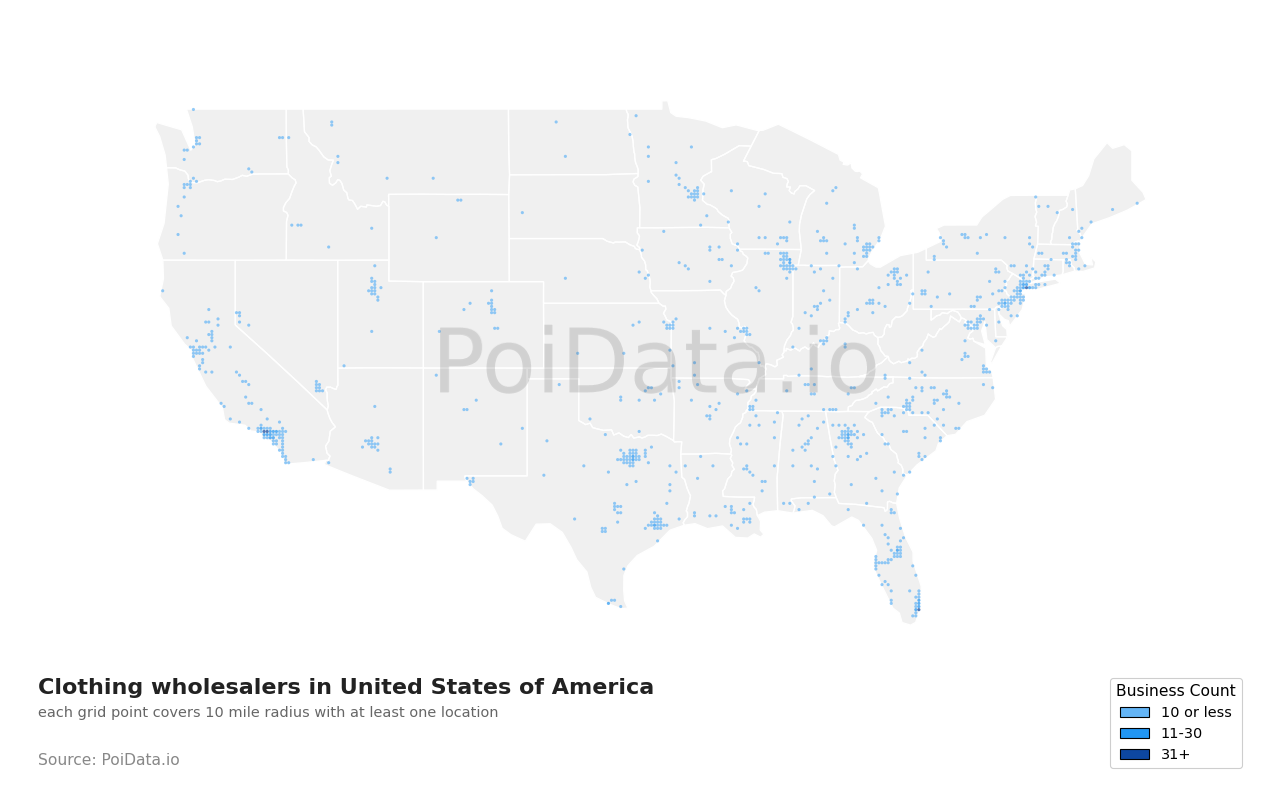 Clothing wholesaler density map for United States