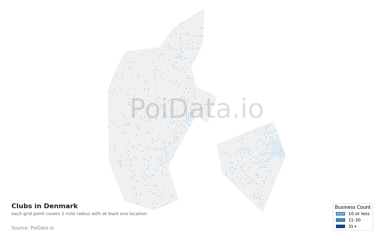 Club density map for Denmark