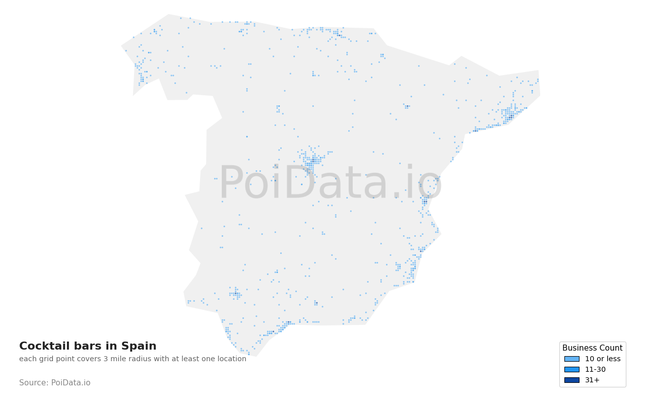 Cocktail bar density map for Spain