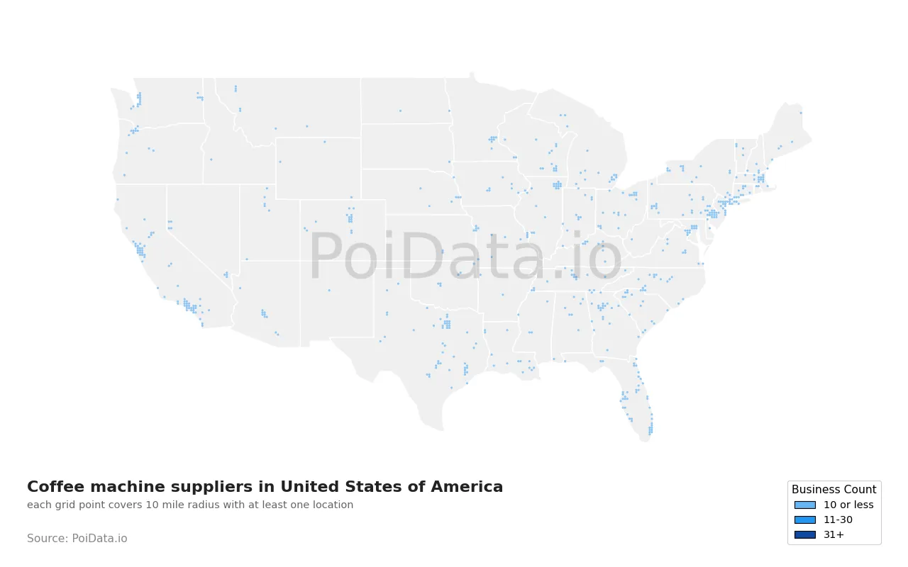 Coffee machine supplier density map for United States