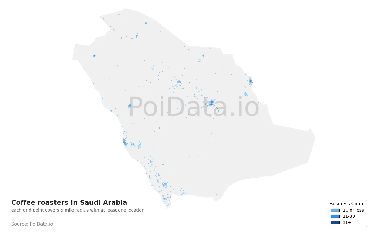 Coffee roasters density map for Saudi Arabia