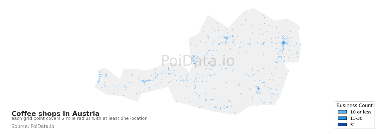 Coffee shop density map for Austria