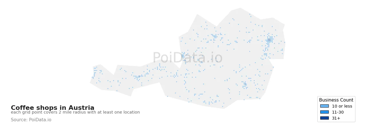 Coffee shop density map for Austria