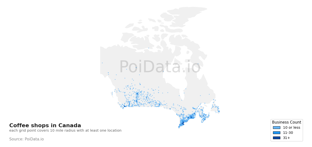 Coffee shop density map for Canada