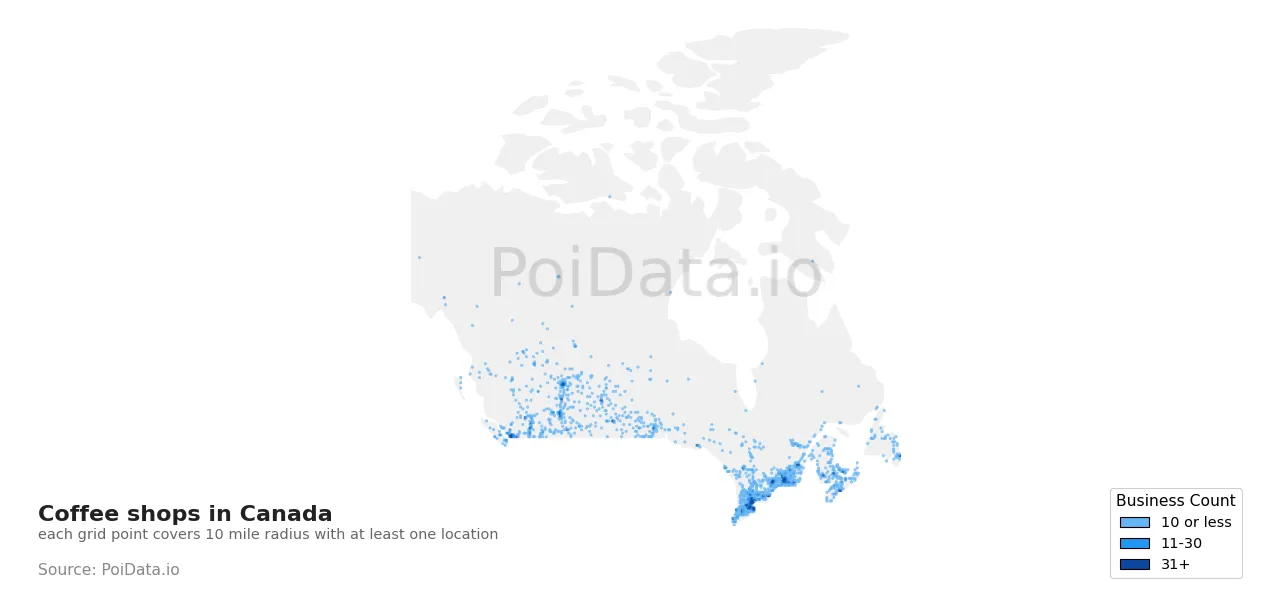 Coffee shop density map for Canada