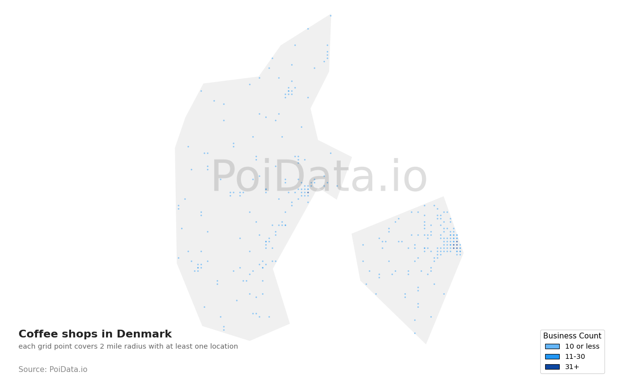 Coffee shop density map for Denmark