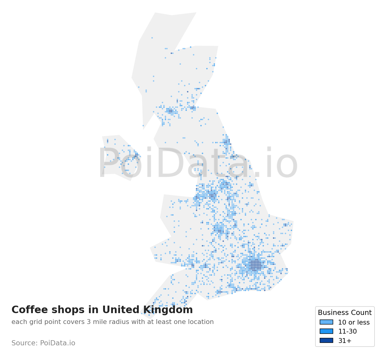 Coffee shop density map for United Kingdom