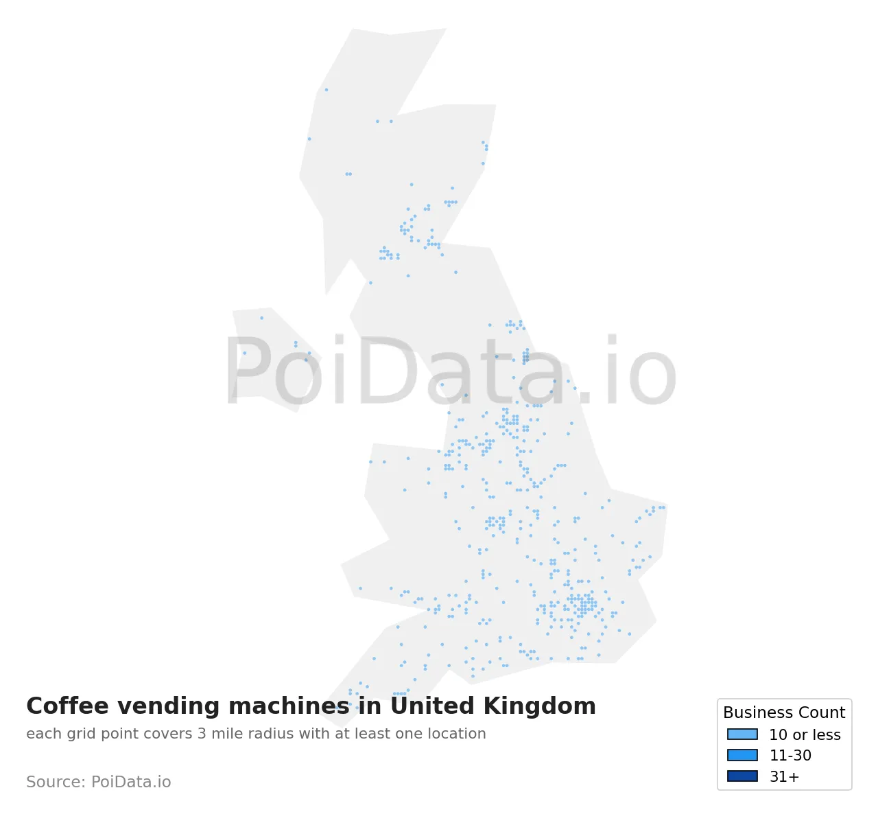 Coffee vending machine density map for United Kingdom