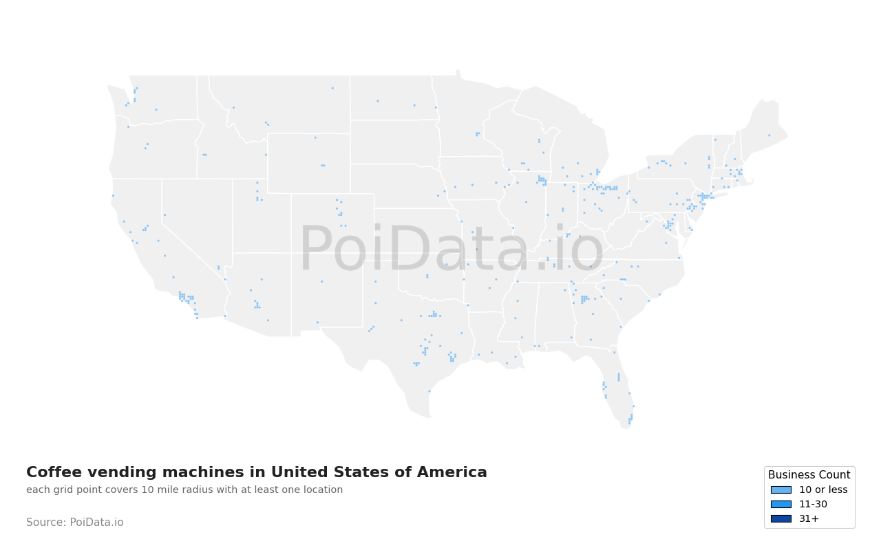 Coffee vending machine density map for United States