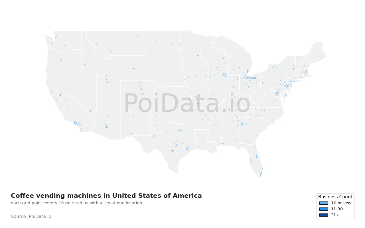 Coffee vending machine density map for United States