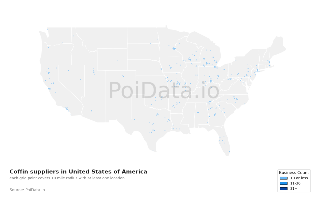 Coffin supplier density map for Alabama, United States