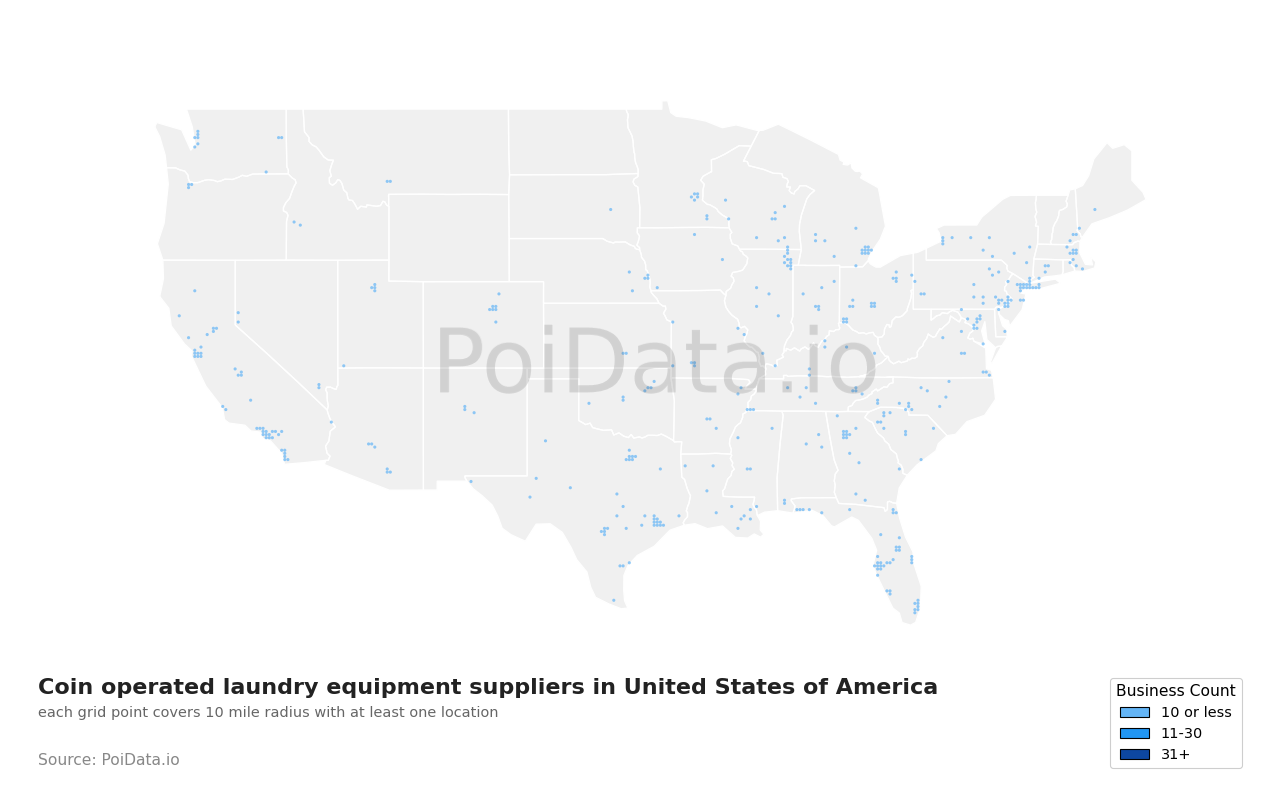 Coin operated laundry equipment supplier density map for United States