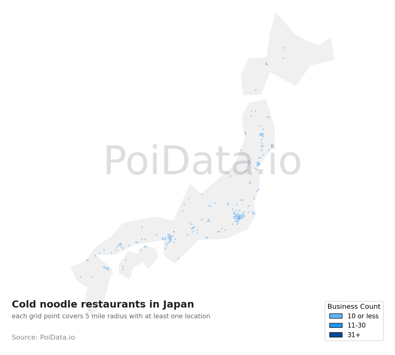 Cold noodle restaurant density map for Kyoto, Japan