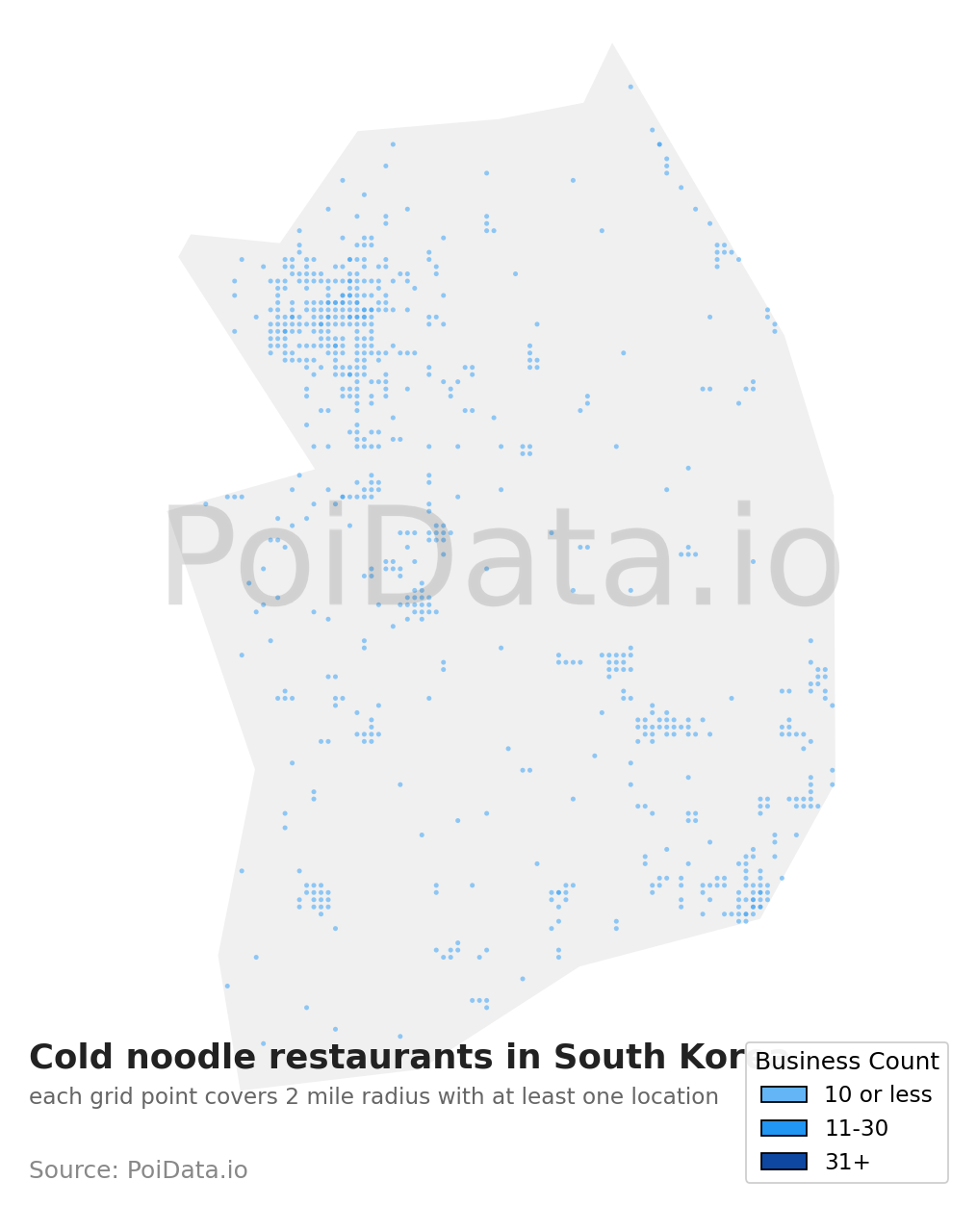 Cold noodle restaurant density map for South Korea