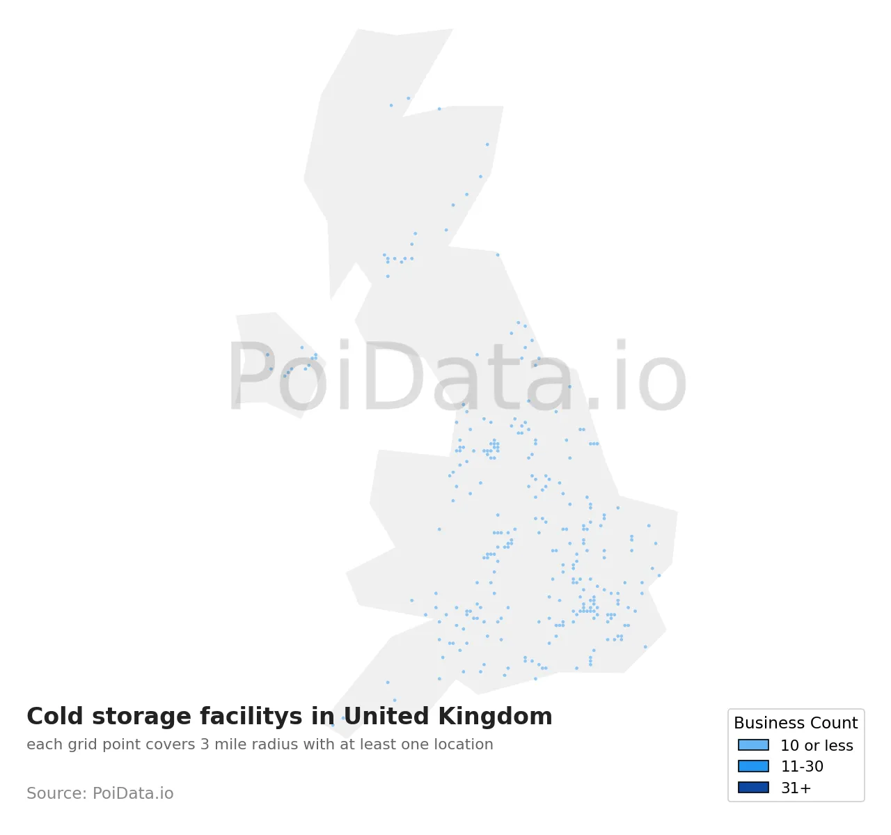 Cold storage facility density map for United Kingdom