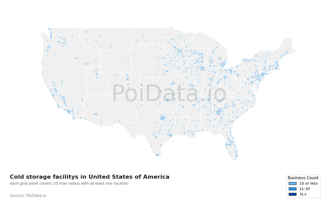 Cold storage facility density map for United States