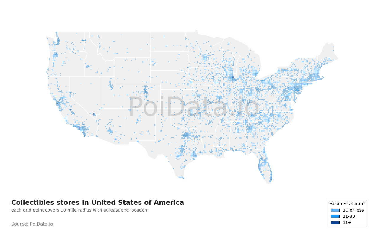 Collectibles store density map for United States