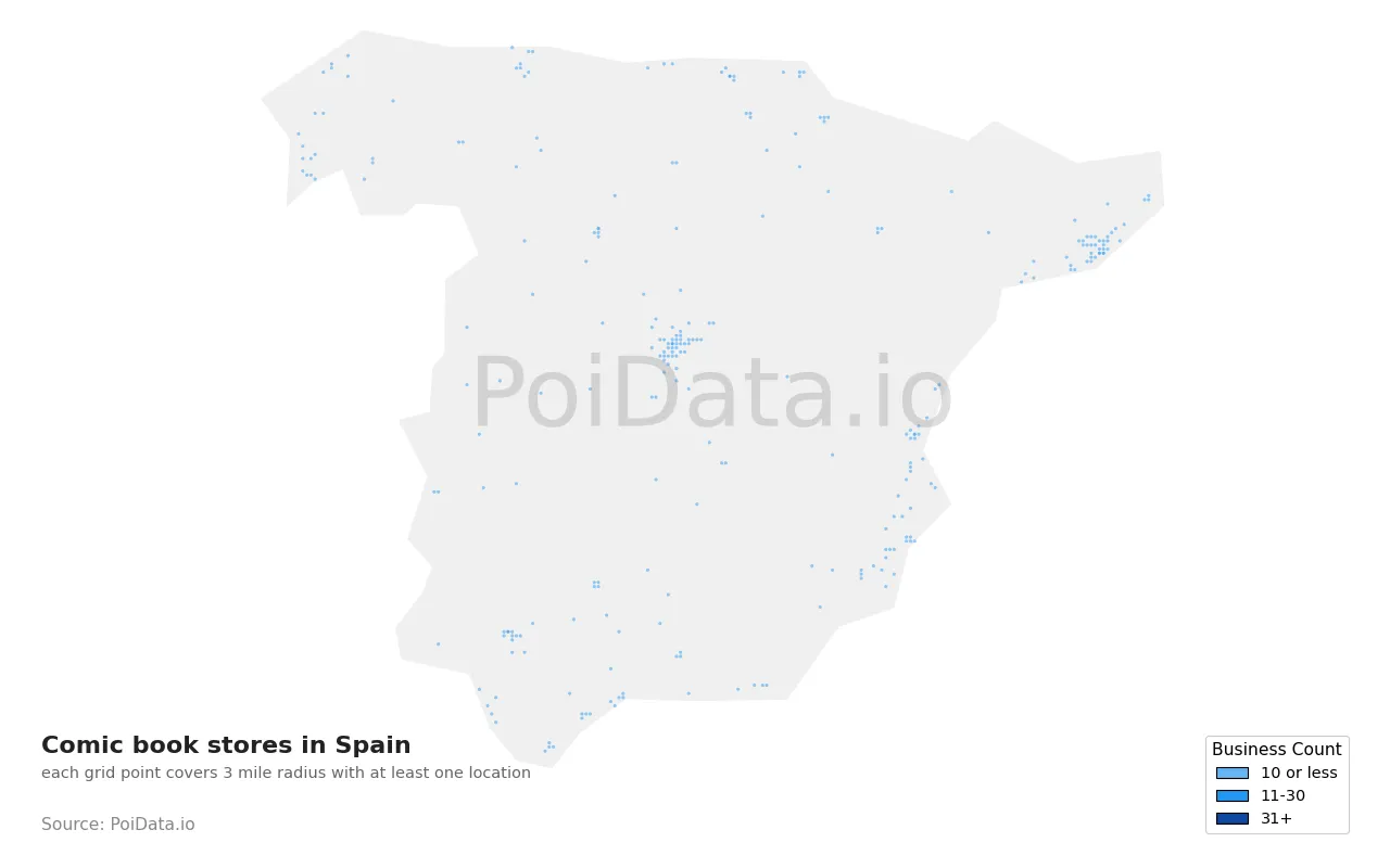 Comic book store density map for Spain