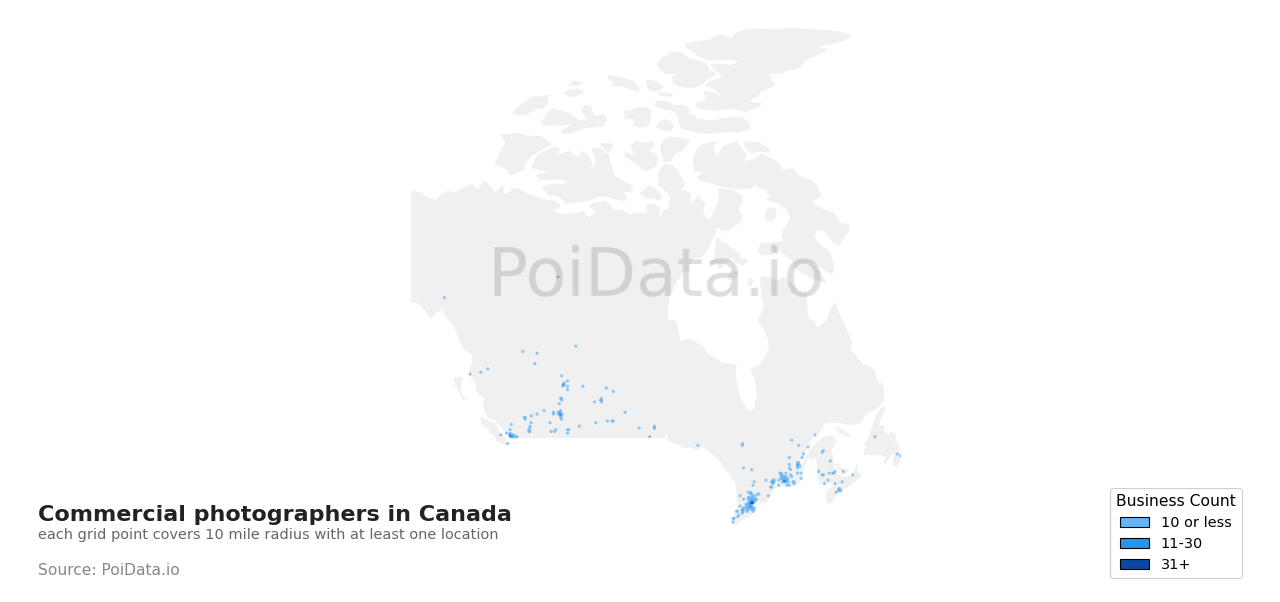 Commercial photographer density map for British Columbia, Canada
