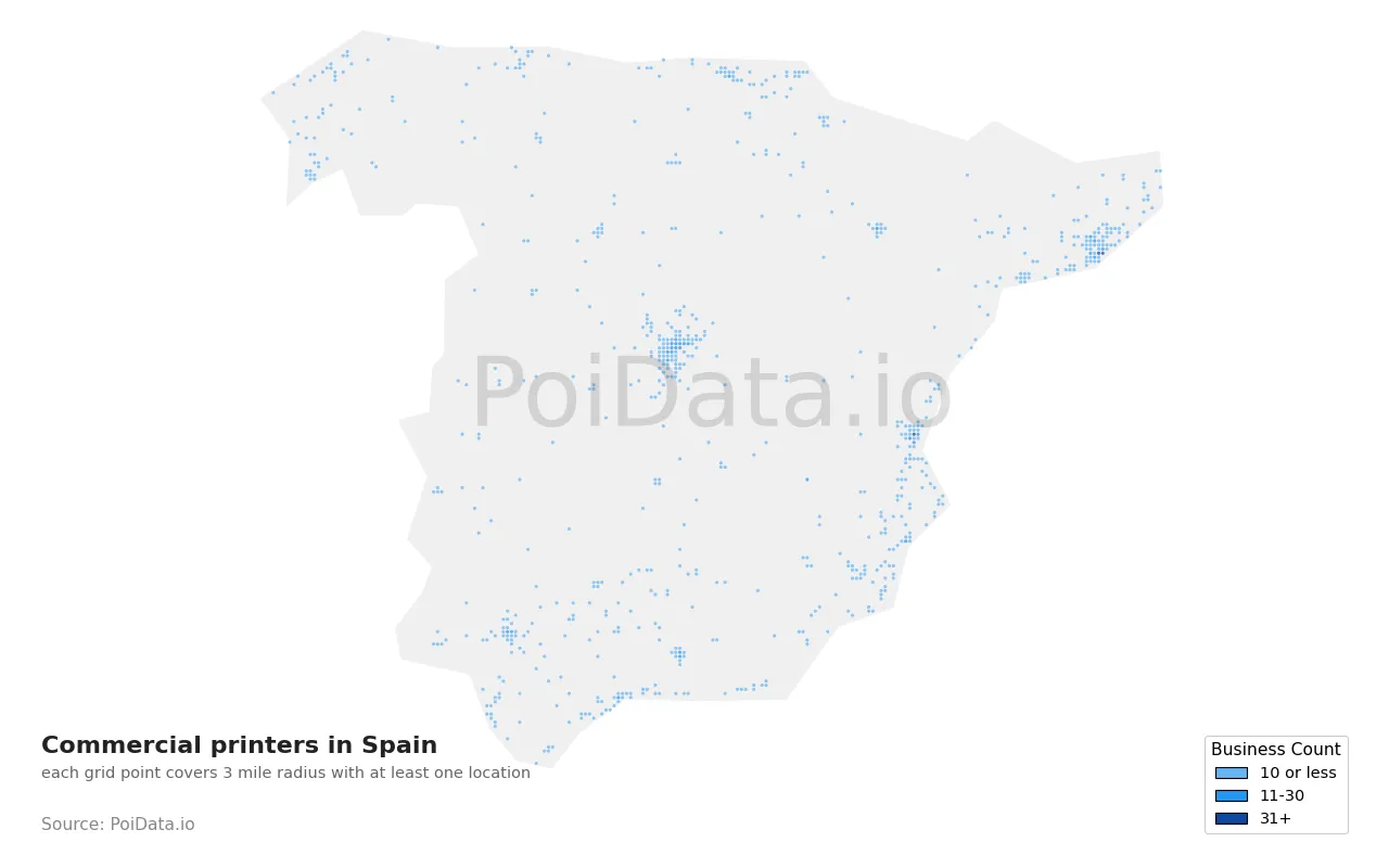 Commercial printer density map for Spain