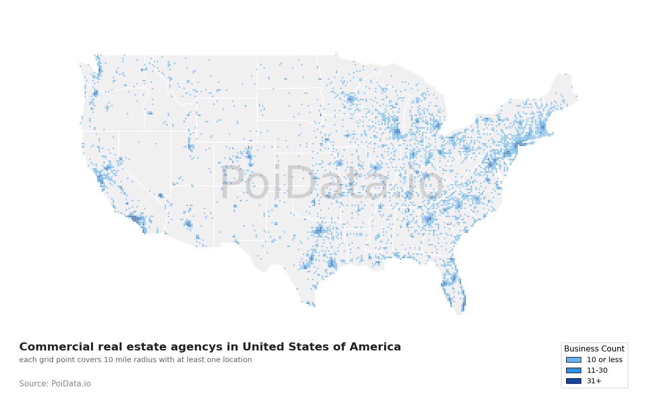 Commercial real estate agency density map for United States