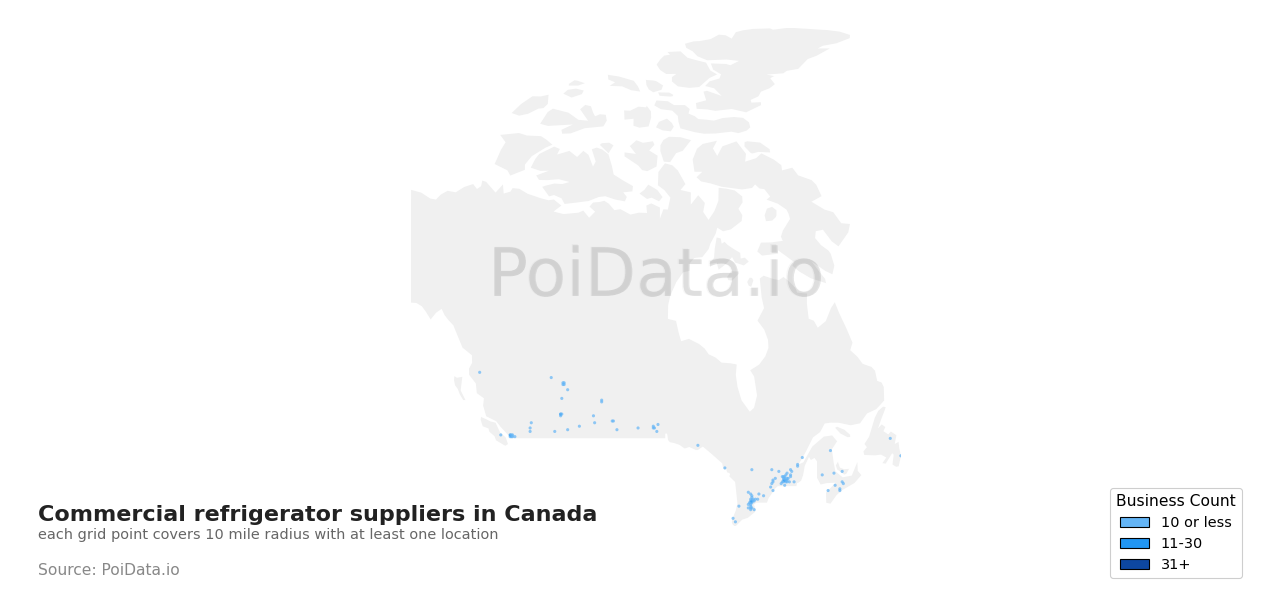 Commercial refrigerator supplier density map for Canada