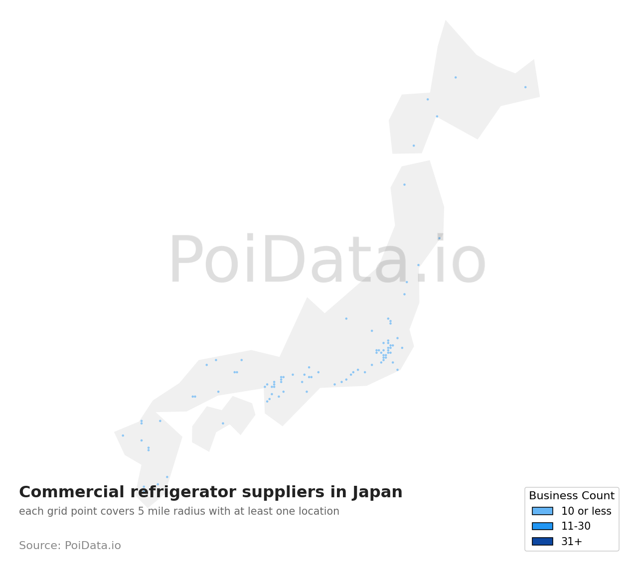 Commercial refrigerator supplier density map for Japan