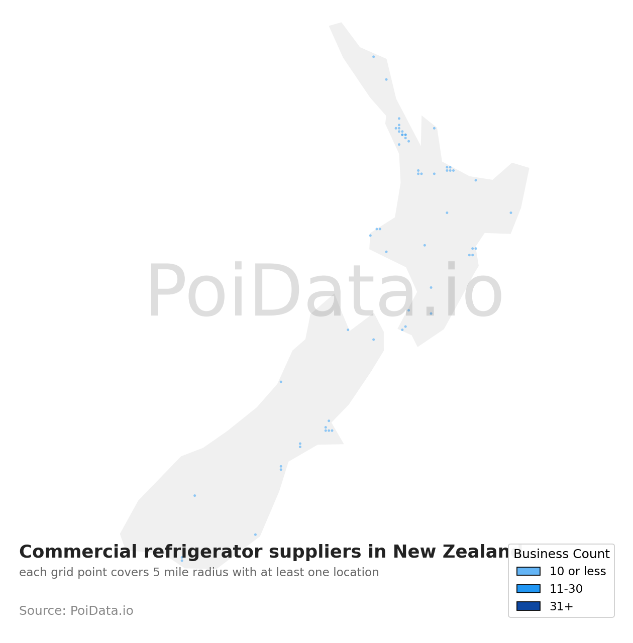 Commercial refrigerator supplier density map for New Zealand