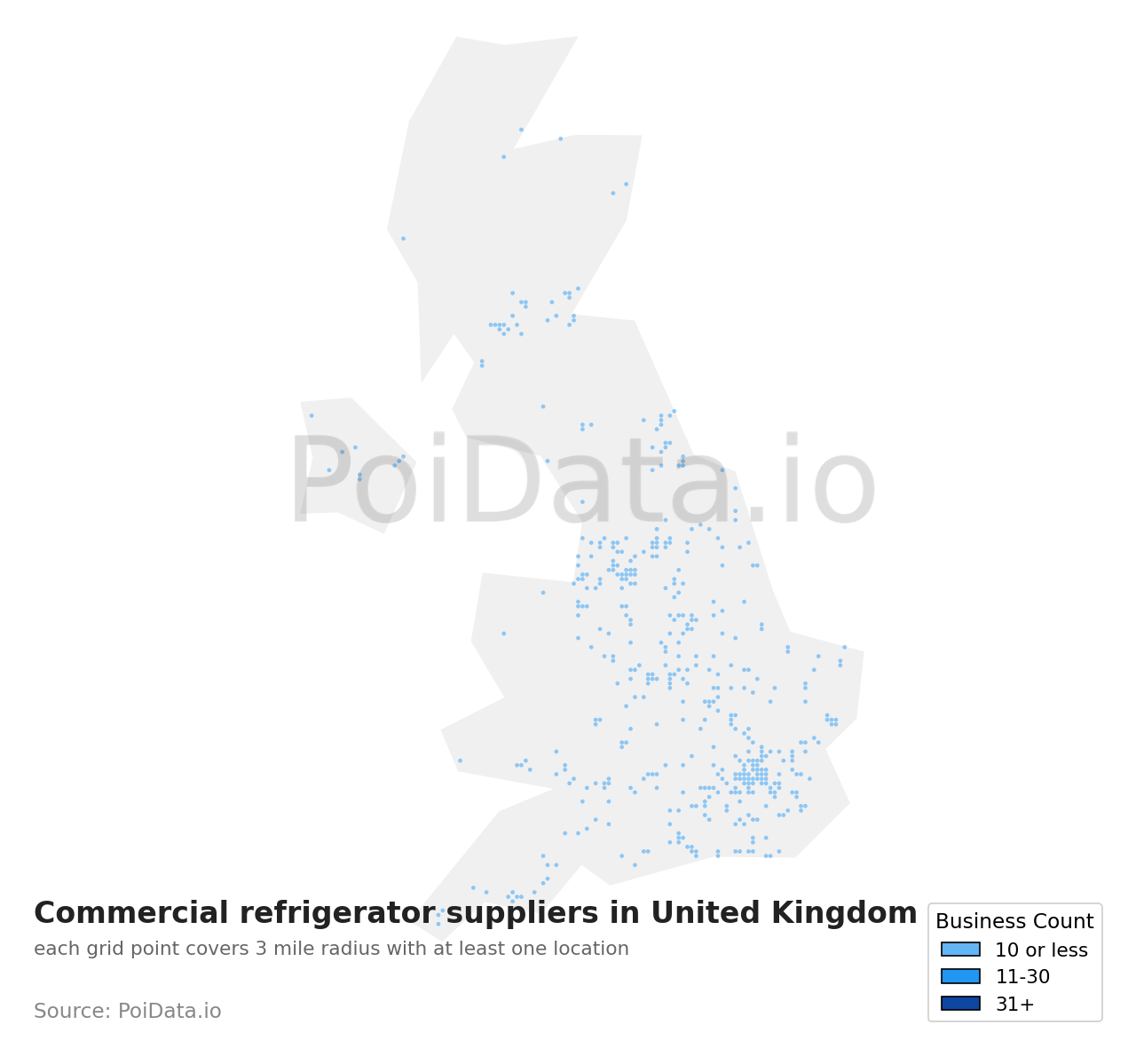 Commercial refrigerator supplier density map for United Kingdom