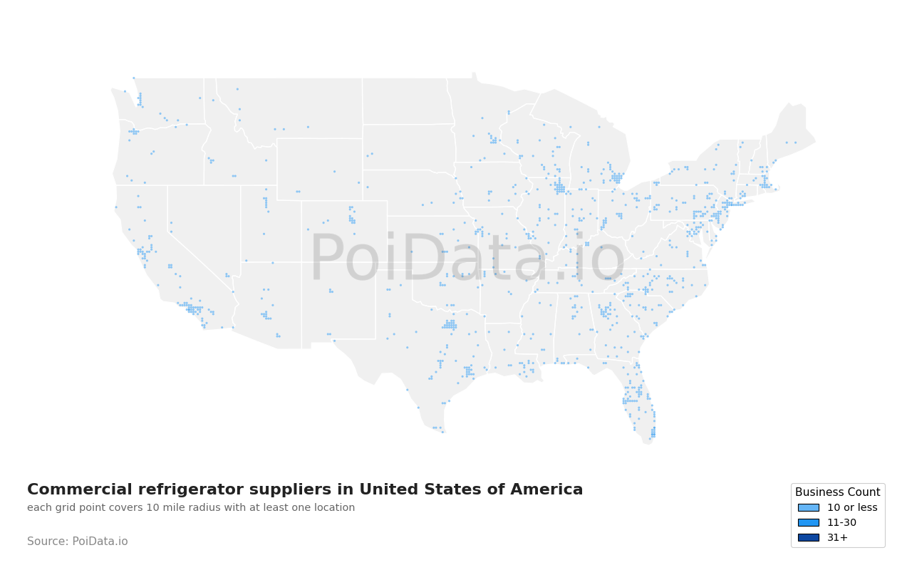 Commercial refrigerator supplier density map for Maryland, United States