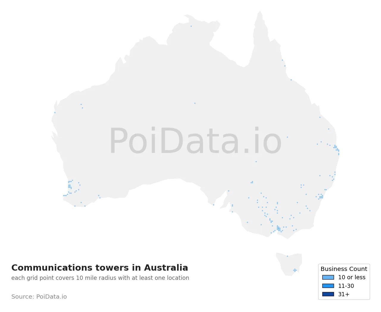Communications tower density map for Australia