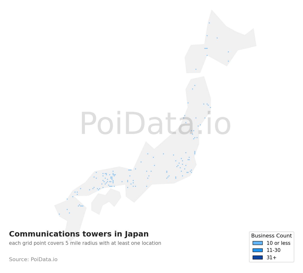 Communications tower density map for Japan
