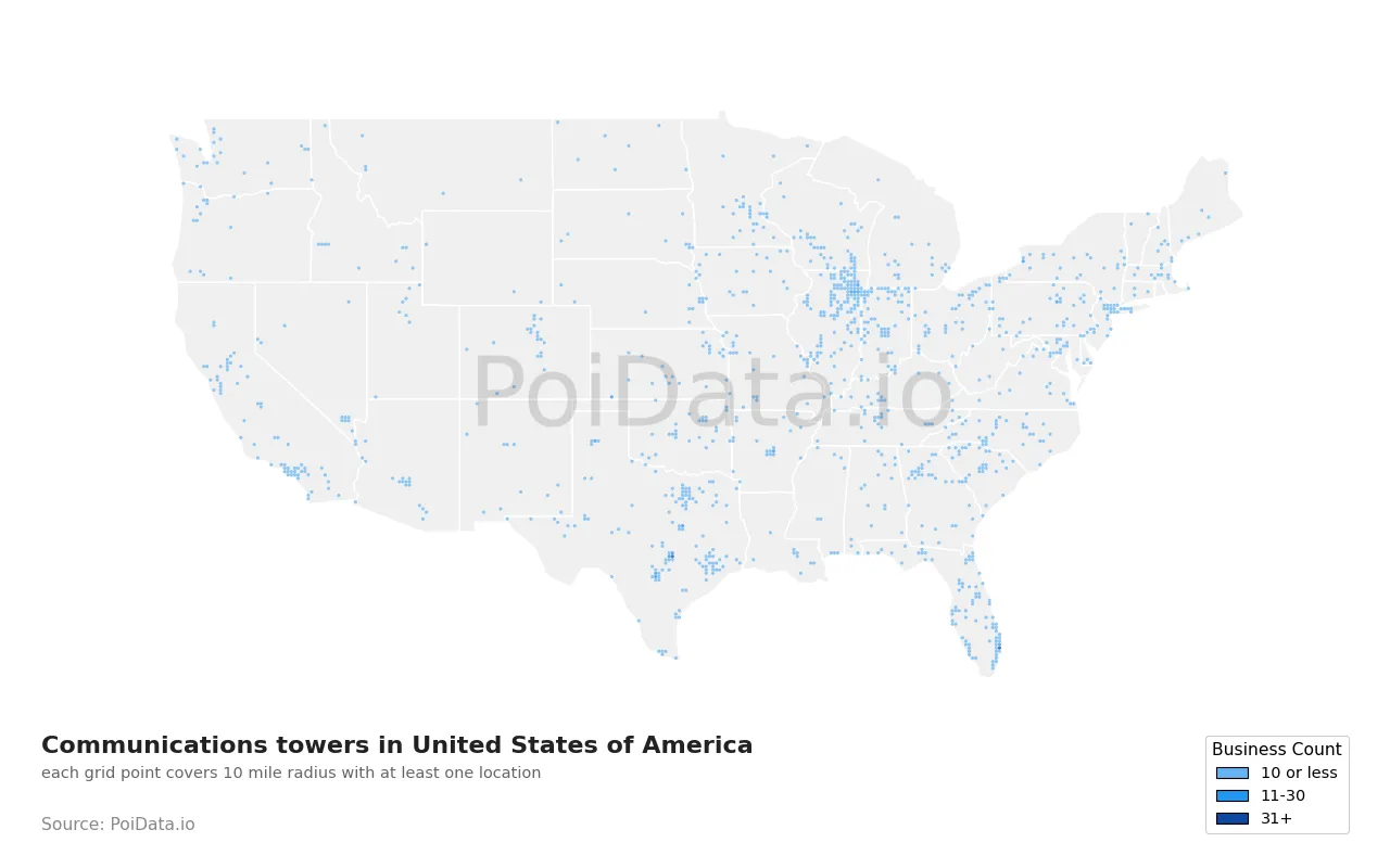 Communications tower density map for United States