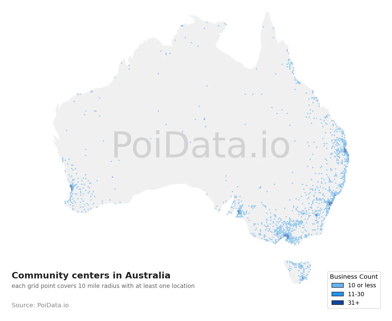 Community center density map for Australia