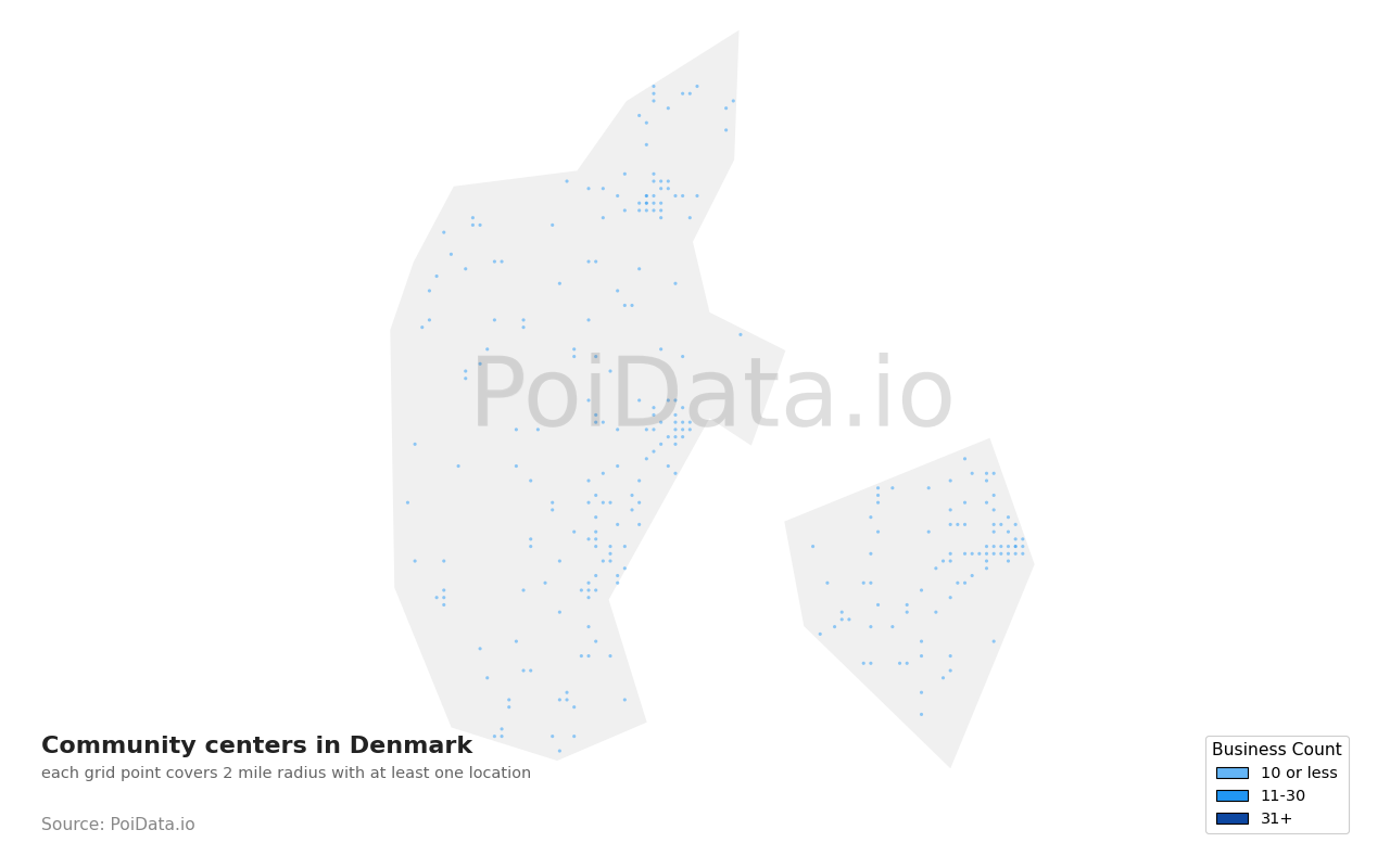 Community center density map for Denmark