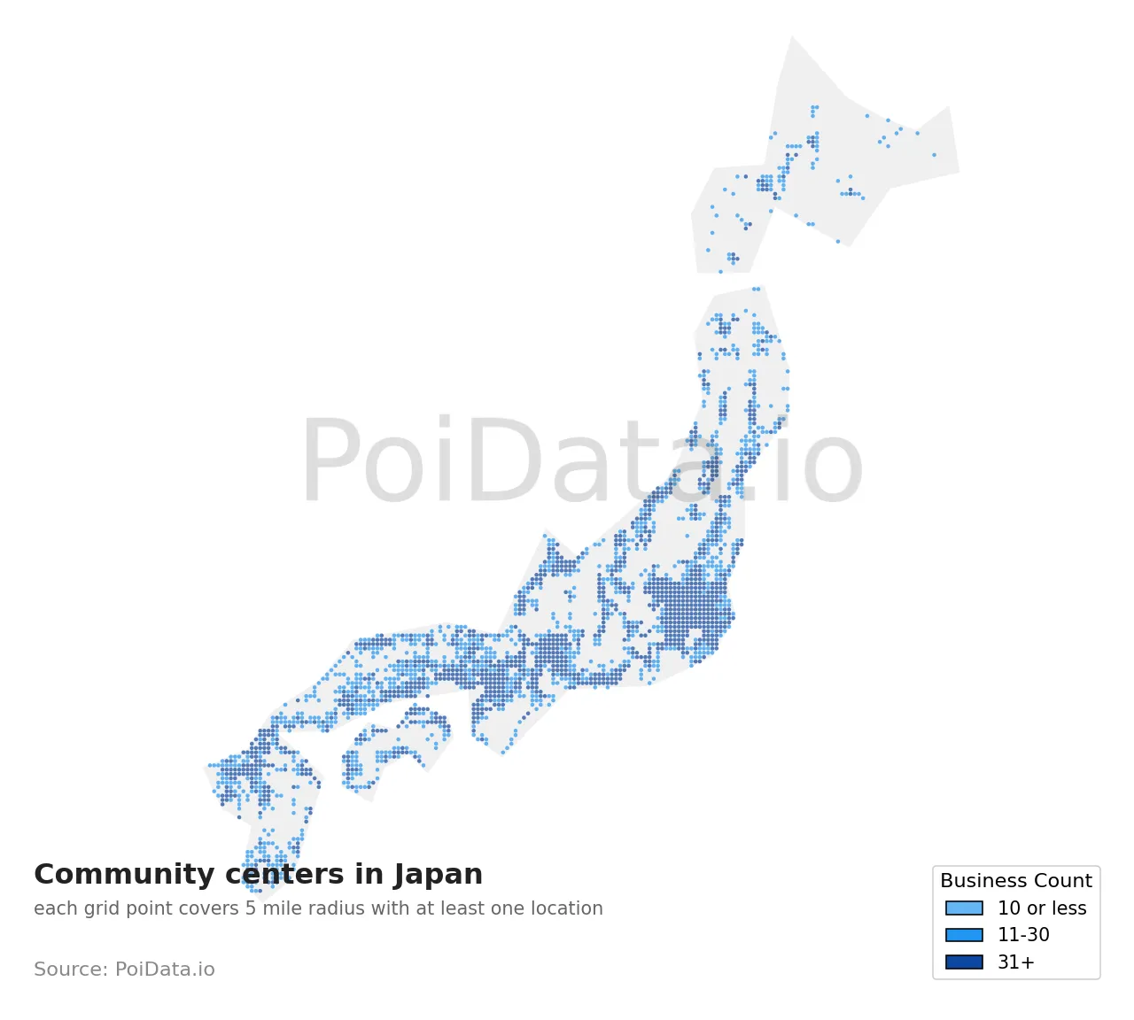 Community center density map for Japan