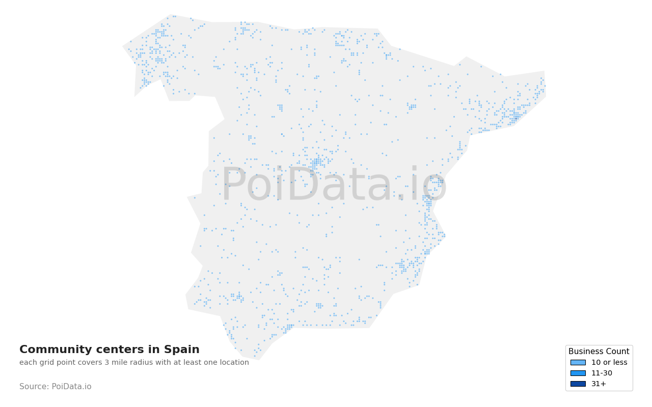 Community center density map for Spain
