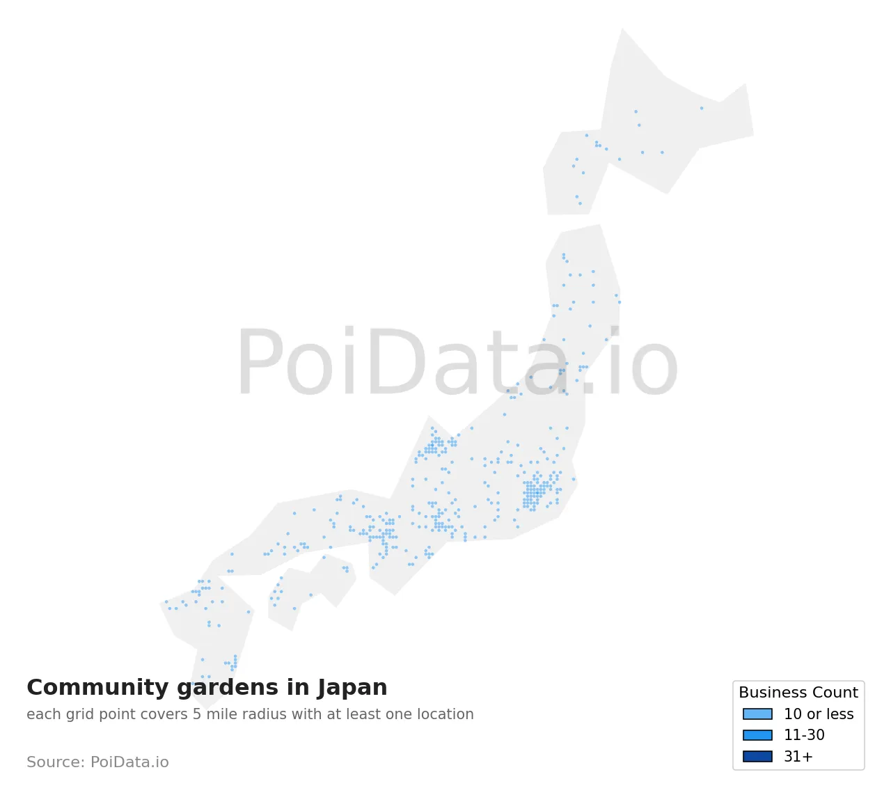 Community garden density map for Japan