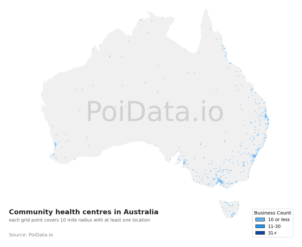 Community health centre density map for Australia