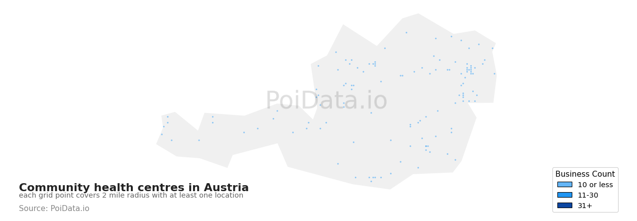 Community health centre density map for Austria